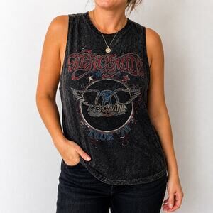 Project Karma Black Aerosmith Graphic Band Distressed Tank Sz L